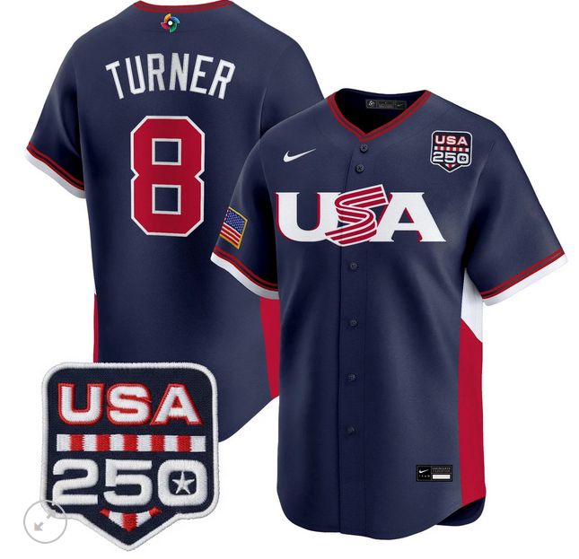 Men Team USA World Baseball Classic 250 America Patch #8 Trea Turner blue 2026 MLB Jersey  Jersey